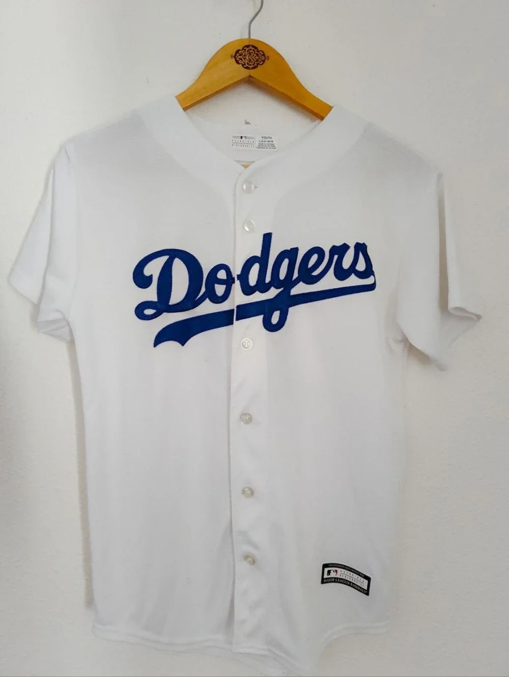 Los Angeles Dodgers White and Blue Button-Up Jersey Junior Size 14-16 - Picture 2 of 8